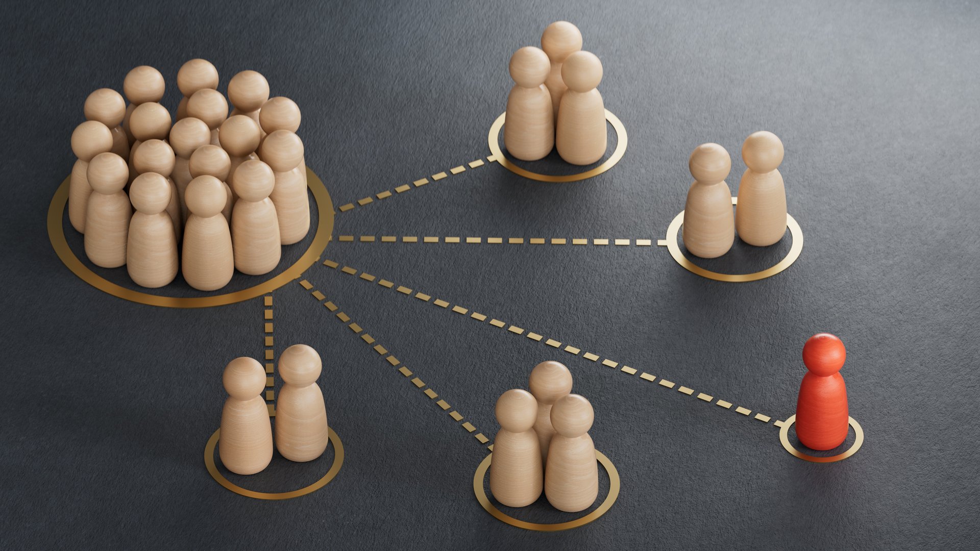 3D illustration of many pawns segmented in different categories. concept of customer segmentation.3D rendering on black background.
