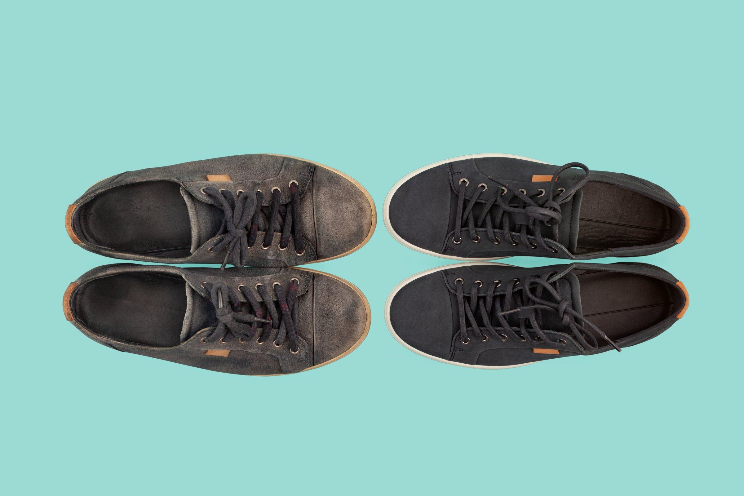 Pair used dirty and pair new sneakers, top view. Contrast between two conditions of same shoe. Design element for Shoe Repair Shop. Dry Cleaning concept. Boots before and after tinting, painting.