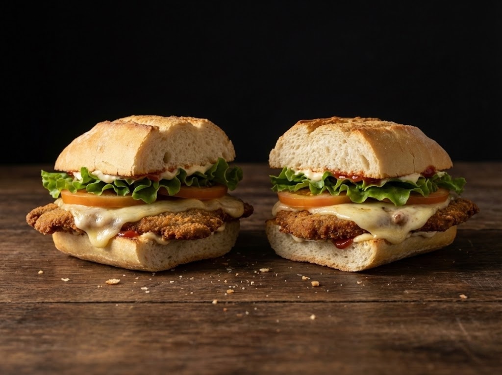 Mexican Torta de Milanesa. Sandwich made with bolillo bread, telera or baguette, split in half and filled with various ingredients, in this case breaded chicken meat with Oaxaca cheese.