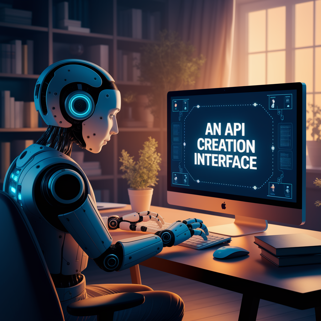 Robot working on a computer with AN API CREATION INTERFACE displayed on the screen in a cozy room with bookshelves.
