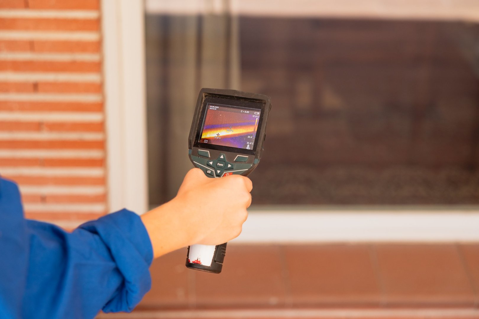 Hand holding thermal camera performing building energy inspection