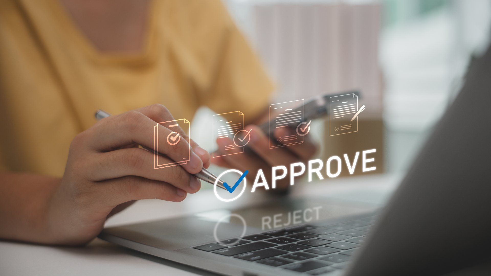 Digital document approval process with person confirming files on laptop. Concept of e-approval, online verification, business workflow, and paperless office solutions for modern organizations.