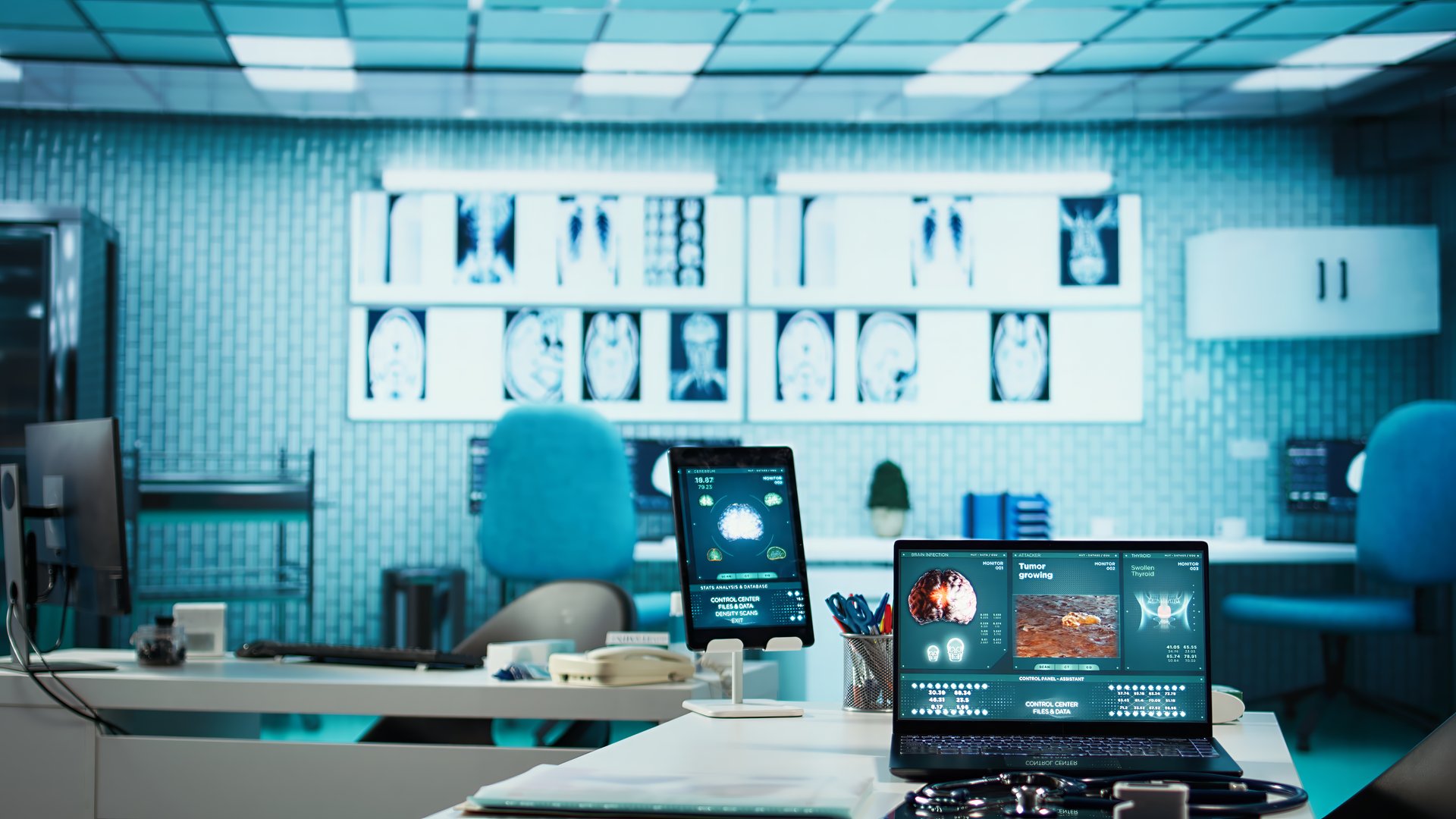 Empty cabinet at the private clinic with devices and diagnostic tools set up for routine checkup, patient care on health insurance in the healthcare industry. Modern doctor office with equipment.