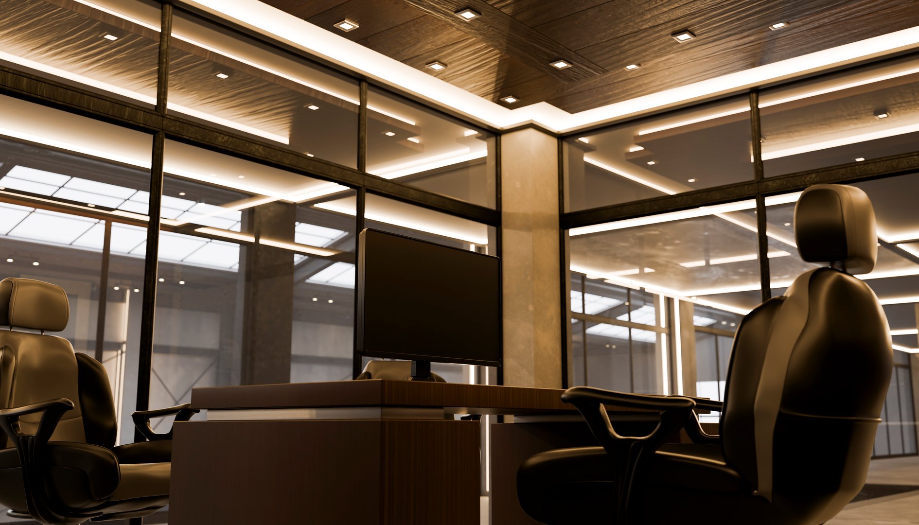 Modern office interior with two executive chairs, computer monitor, wooden desk, and glass walls, creating a sophisticated and productive workspace