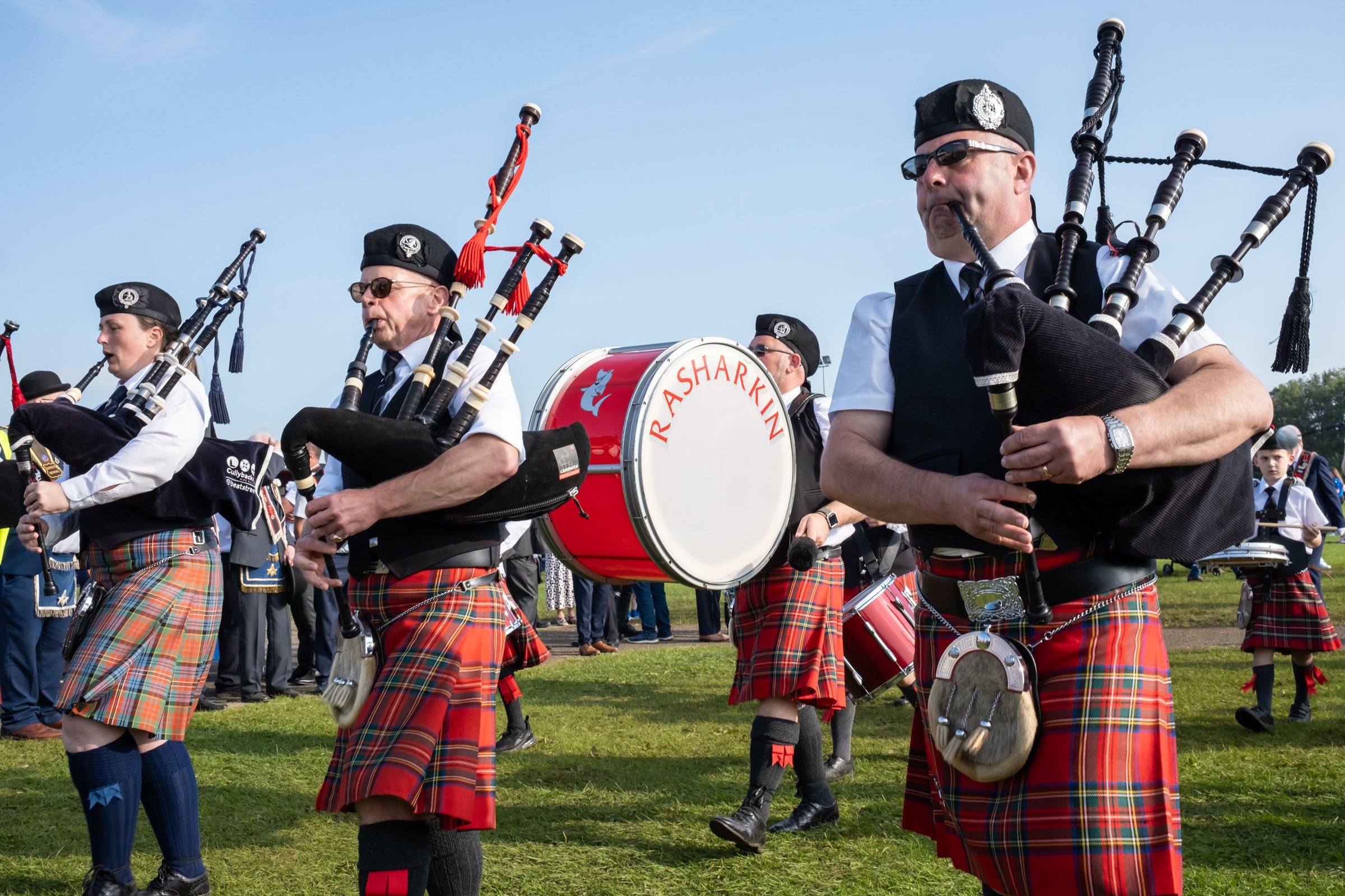 Ballymena, UK - August 31st, 2024:  Rasharkin Pipe Band leaving the field on return leg of Royal Black Institution Co. Antrim last Satuday parade.