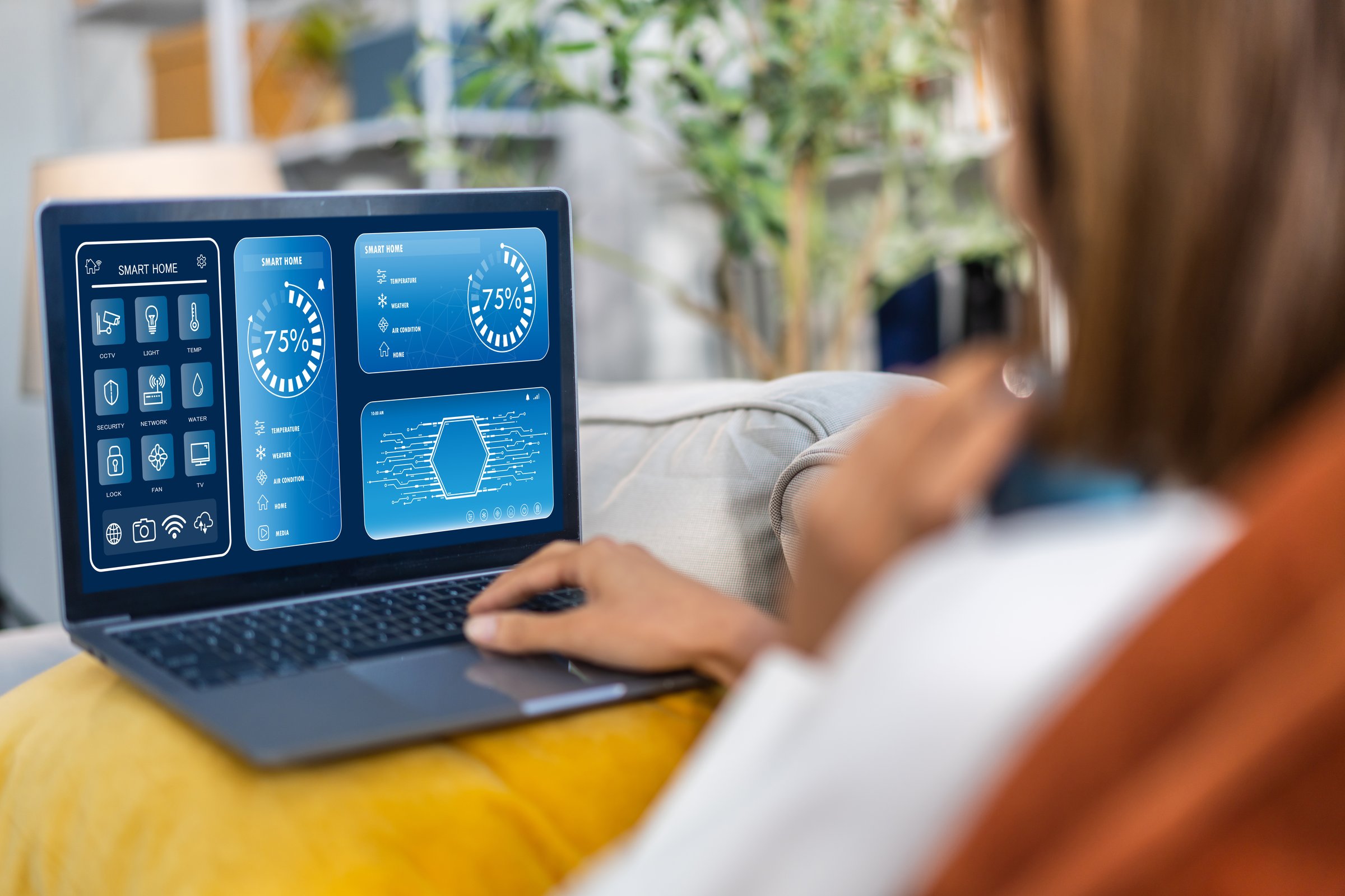 Human manage remotely futuristic depiction of smart home technology, security and home appliances, concept of integrated smart home system, IoT,  automation and household management concept