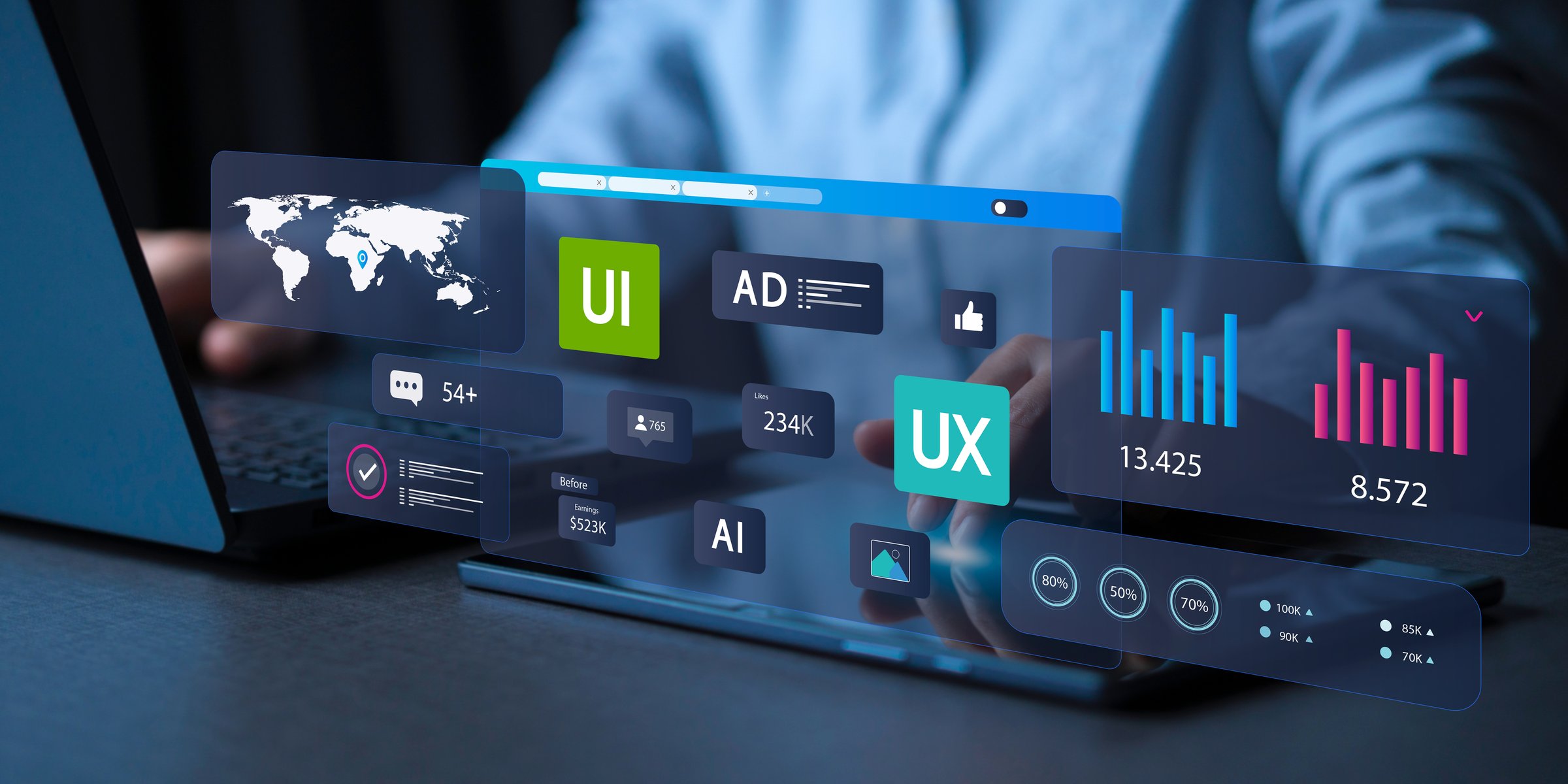 Entrepreneurs analyze data and user interfaces UI/UX in the digital world. Develop future-ready application interface layouts, online marketing, and digital development.