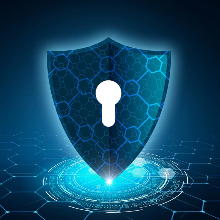 Futuristic shield with a keyhole symbol, surrounded by digital hexagonal patterns and glowing blue technology graphics.