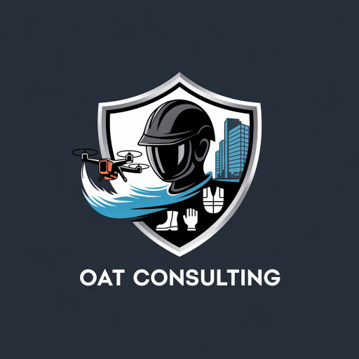 Logo for OAT Consulting featuring a shield with a hard hat, drone, skyscraper, and gloves icons on a dark background.
