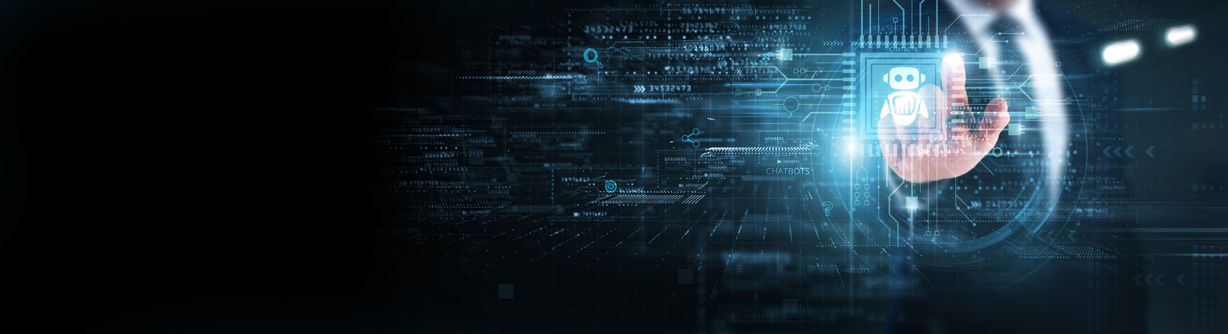 Businessman touching circuit of chatbots and networking. Conversational AI platforms, natural language processing systems, automated customer engagement, virtual assistant technology