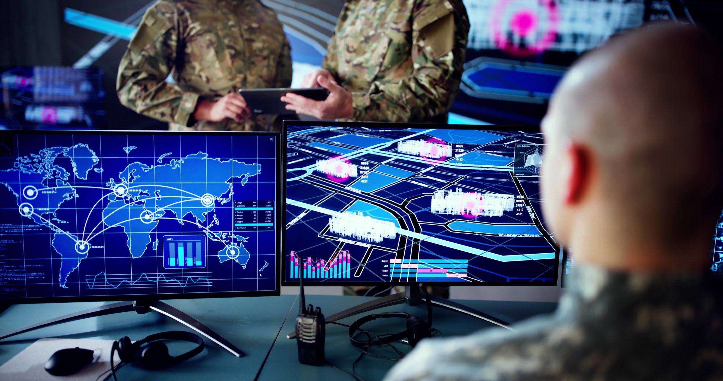 Innovative Military Officer Developing Virtual Strategies in Technology Center Command.