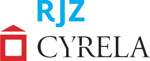Logo of RJZ Cyrela with a red geometric symbol next to the name in black text on a white background.