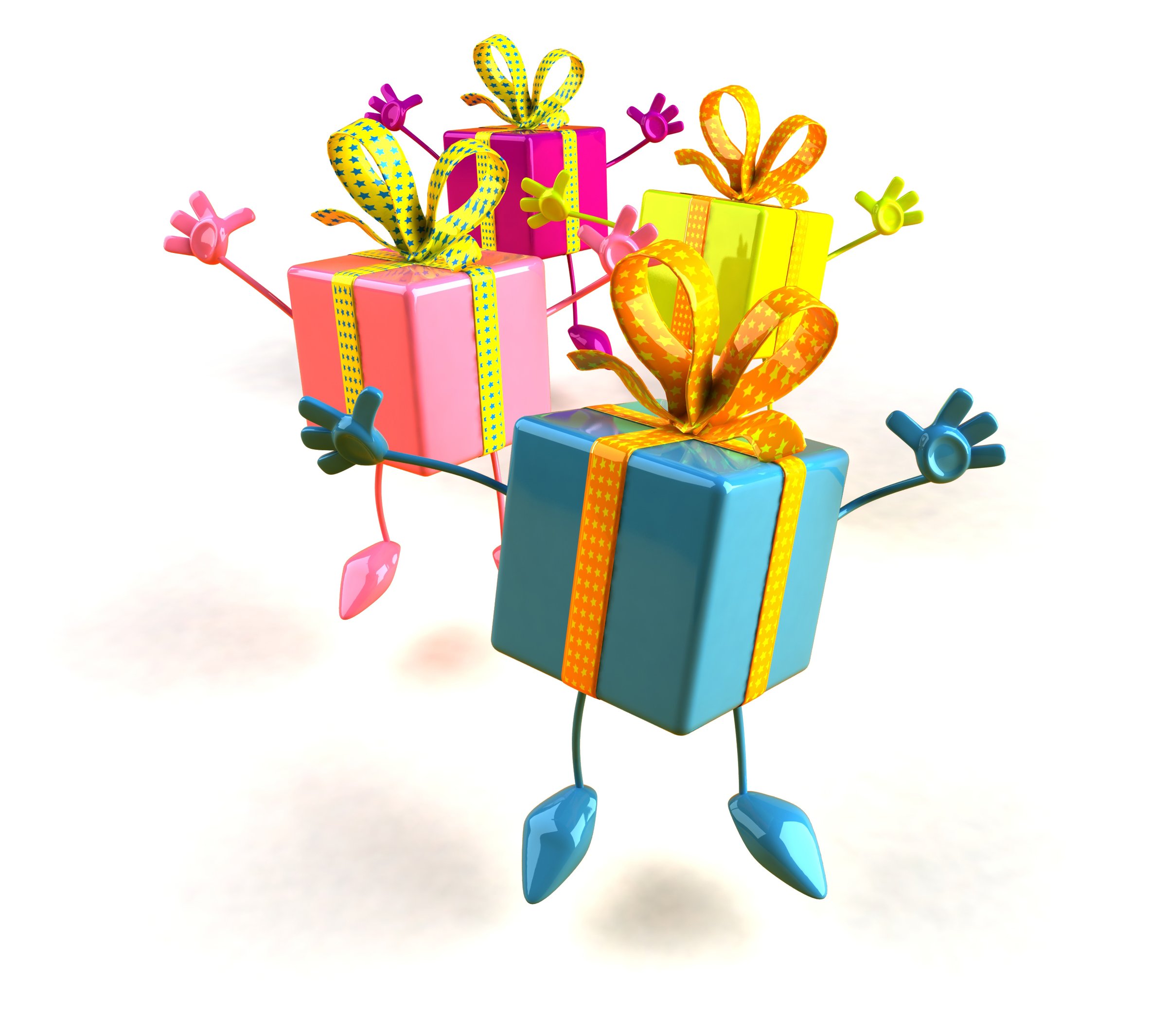 Cartoon gift boxes with arms, legs, and ribbons dancing joyfully. Bright colors: blue, pink, yellow, and purple.
