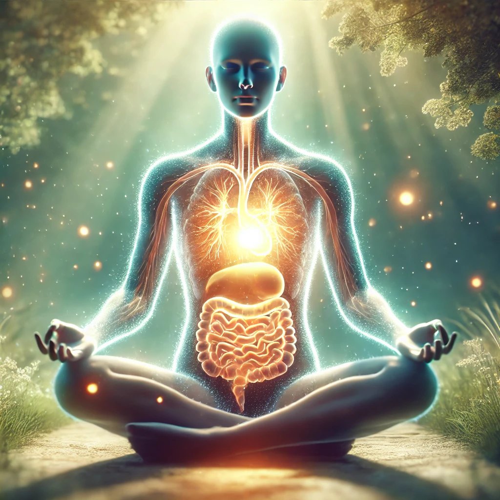 Glowing human figure meditating, showing visible internal organs, illuminated by light rays in a serene outdoor setting.