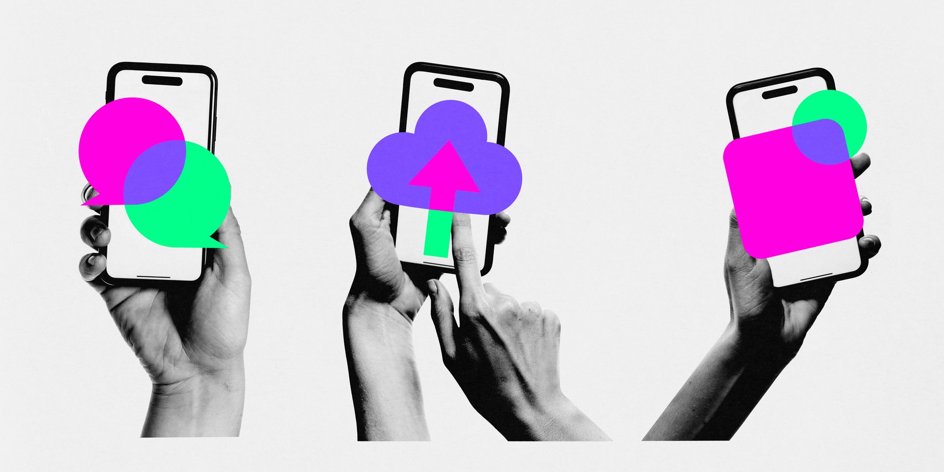 Three hands holding smartphones with different graphic elements