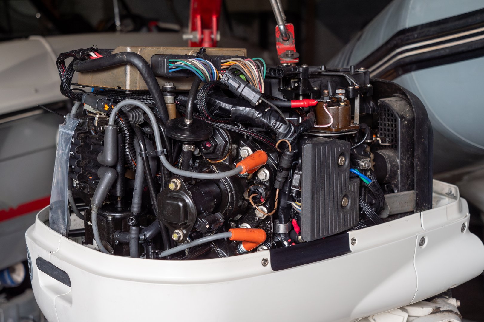 repairing the outboard engine in the workshop.