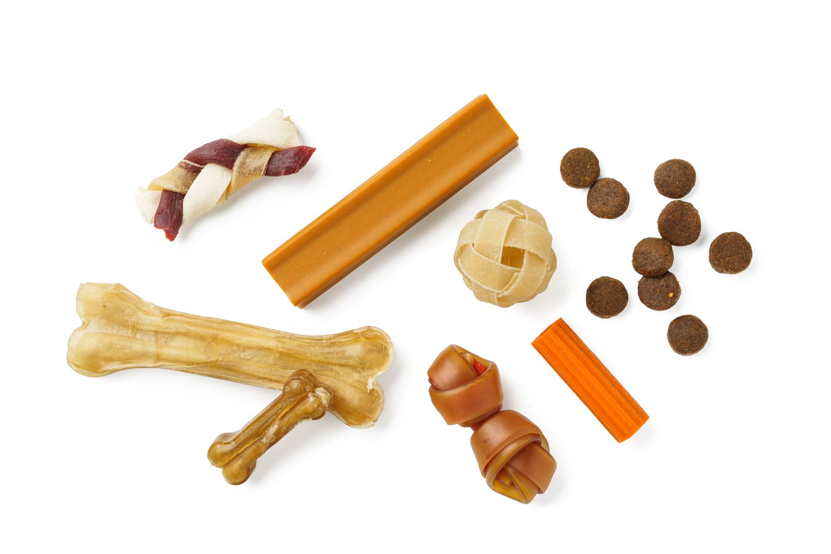 Dog food treats isolated on white background close up