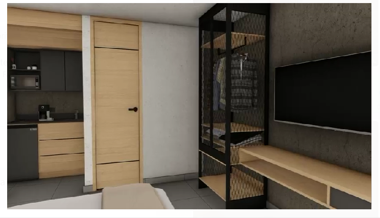 Modern bedroom with a wooden wardrobe, wall-mounted TV, open shelf, and a small kitchenette with shelves and coffee maker.