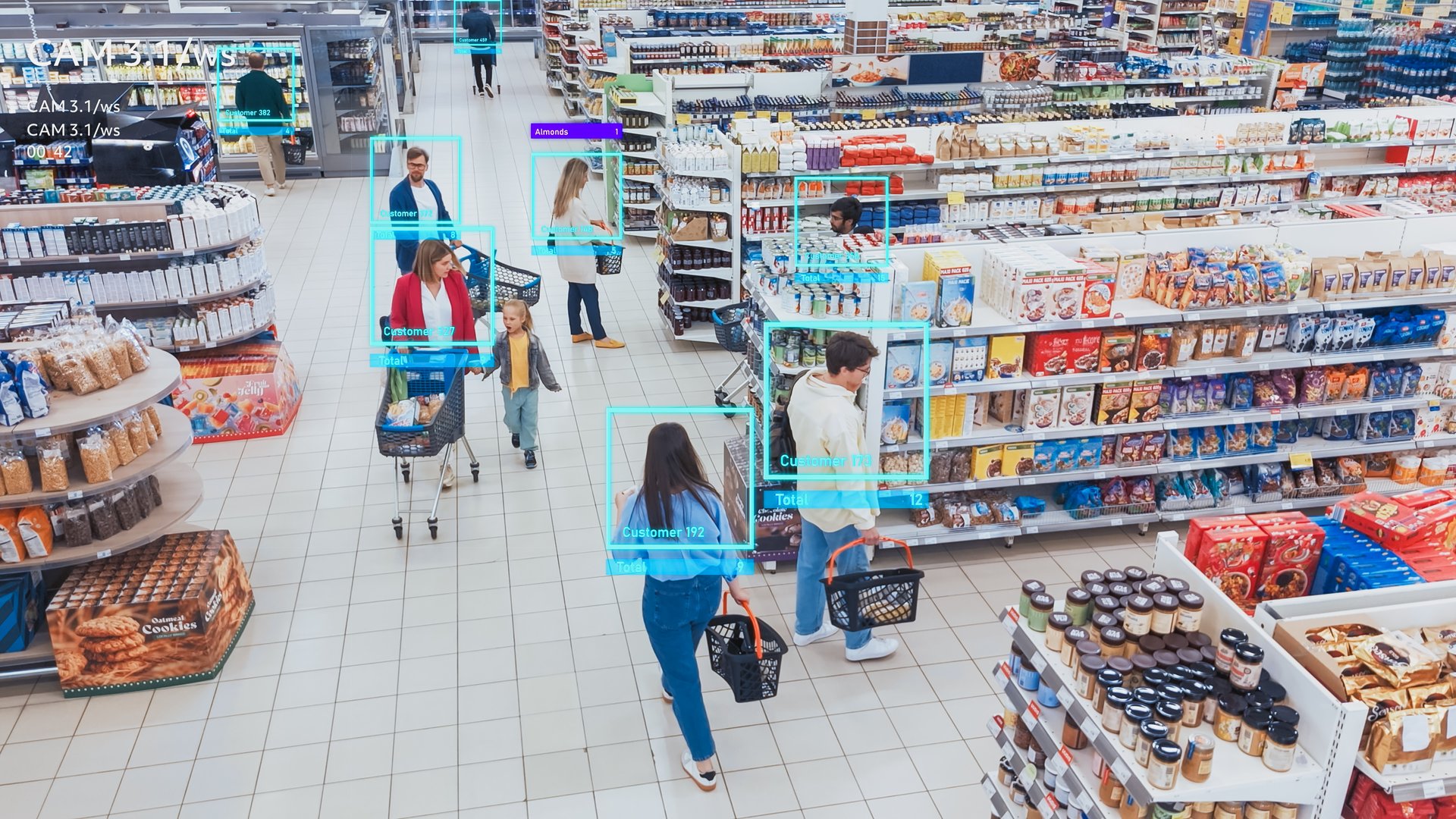 AI-powered Mock-up CCTV Footage in Supermarket: People Shopping in a Grocery Store. Multiple Camera Detect Suspicious Crime Activity, Activates Theft Prevention Identity Analysis. 360 Camera at Work