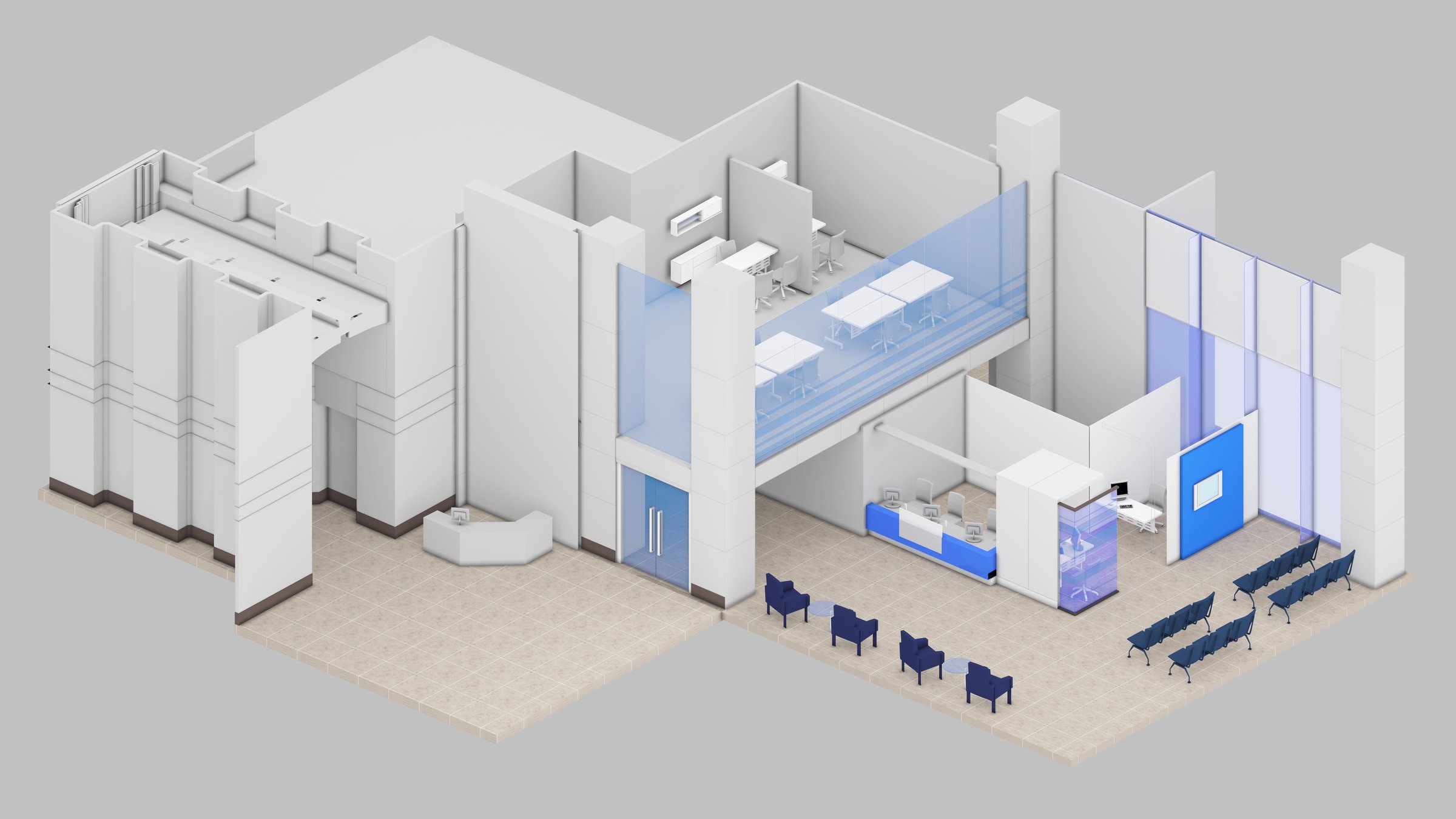 Isometric view of a Reception hall and office space,work area, 3d rendering.