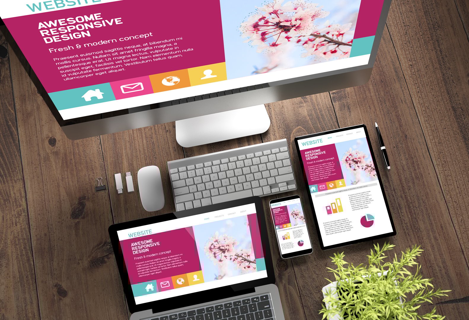 3d rendering top view of devices with responsive design on screen on wooden desktop