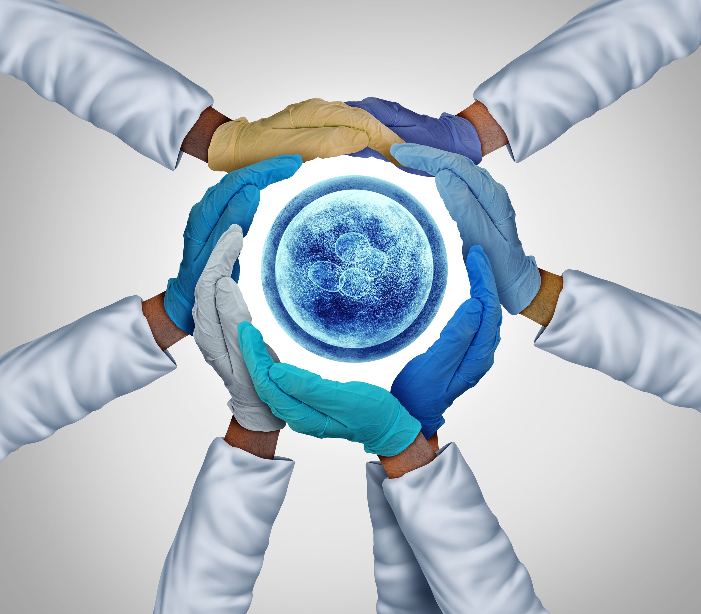 Synthetic Model Embryos as a team of researchers holding a Human Embryo with 3D illustration elements.