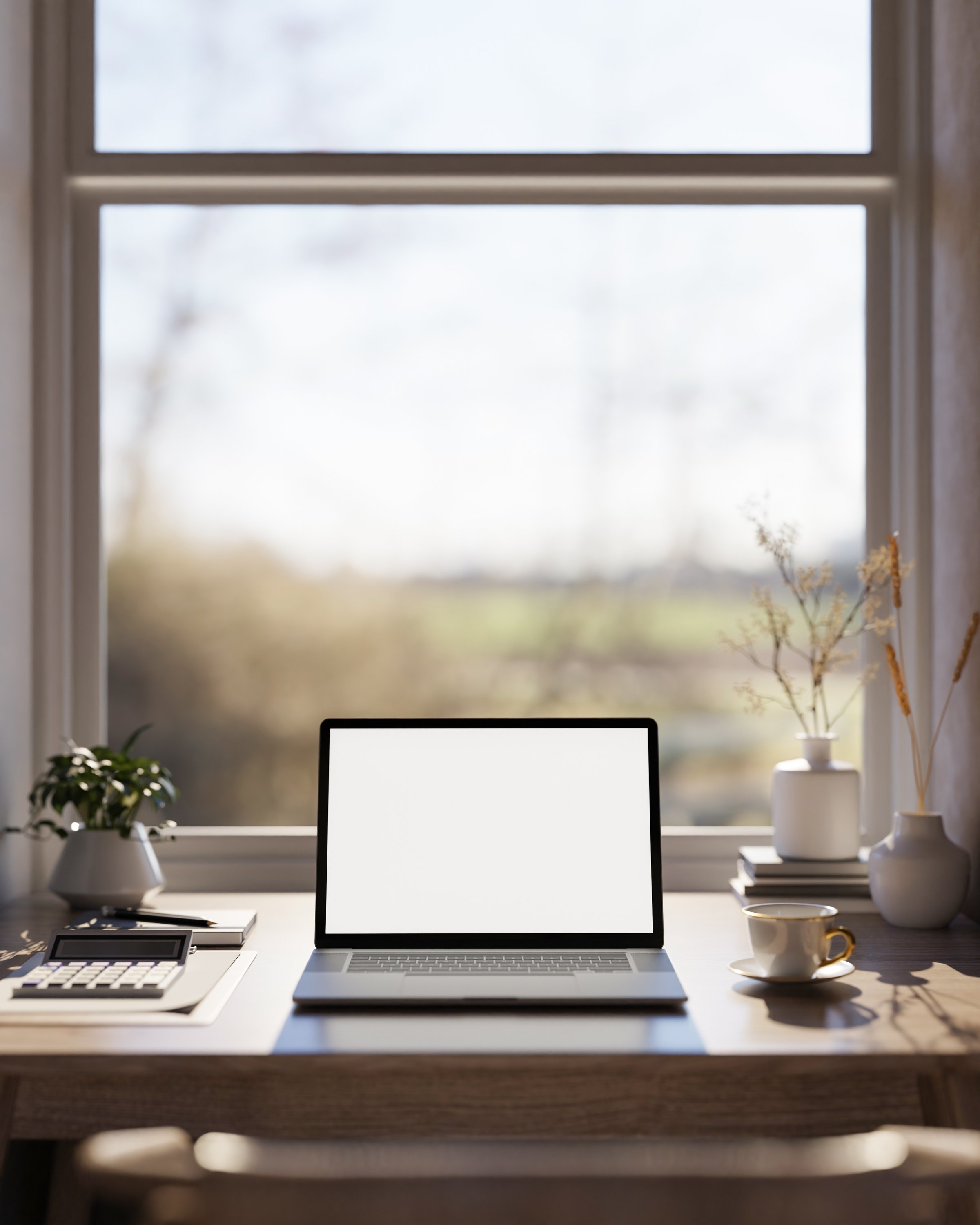 White screen laptop with calculator and coffee cup on wooden table under window in warm sunlight.