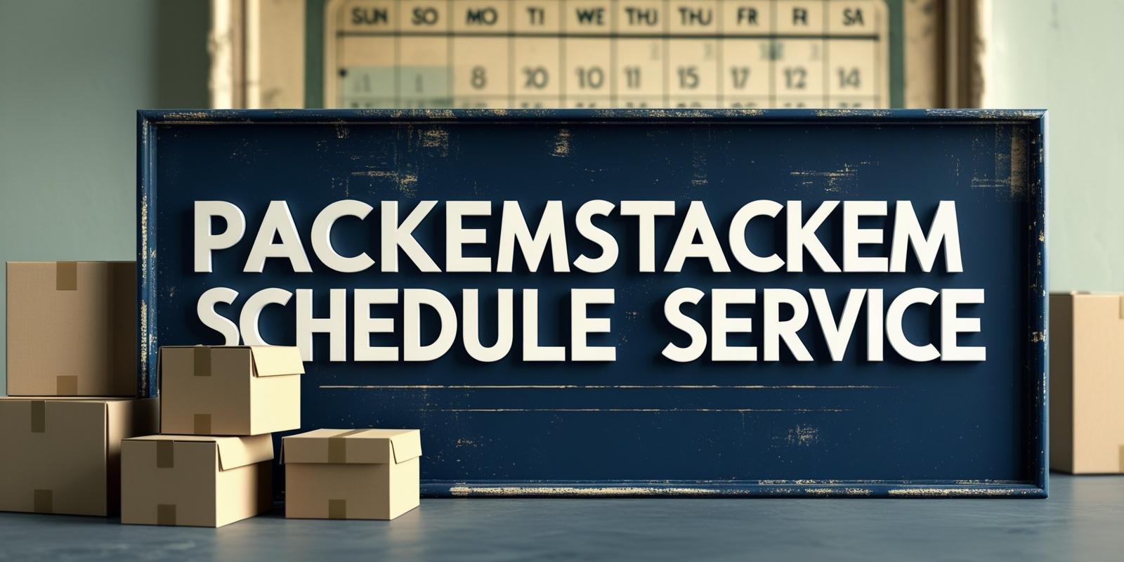 PackEmStackEm Schedule Service sign with dark blue background, packing boxes, and calendar in the background
