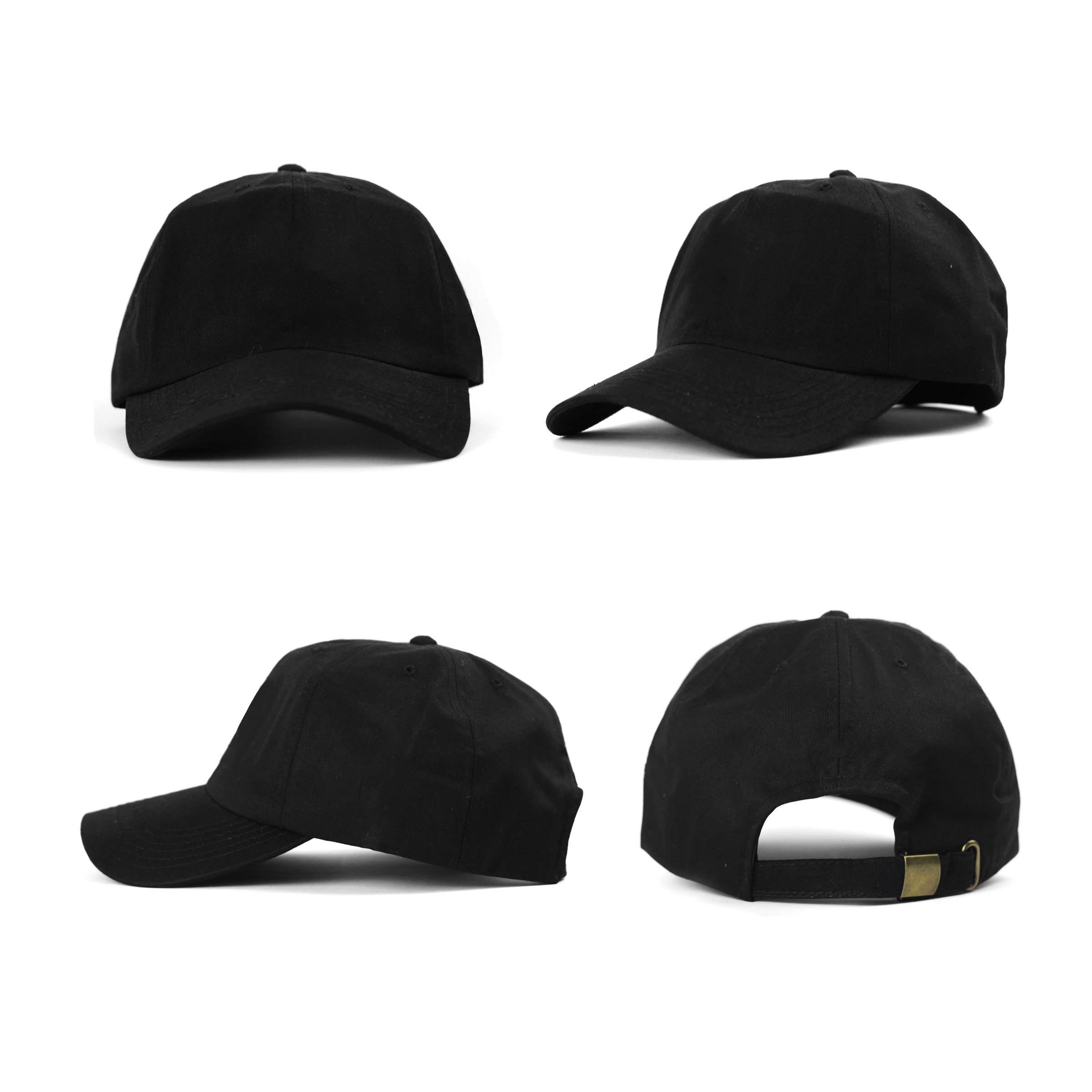 Black baseball caps mockup on clean background, front and back side