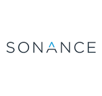 Sonance logo with modern black font and a blue triangle above the letter 'A.'
