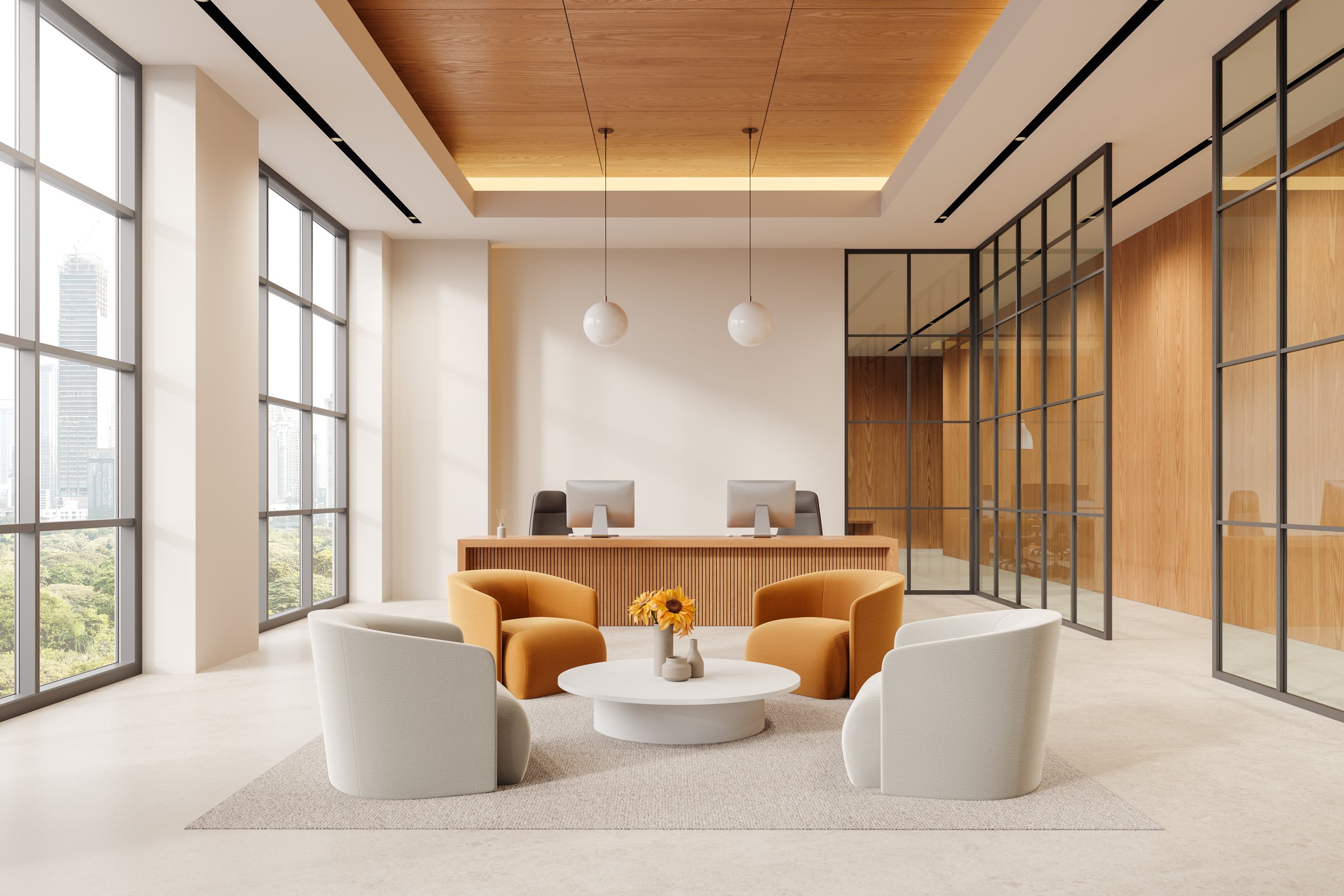 Beige lobby interior four armchairs and coffee table on carpet, reception desk with pc computers and panoramic window on Bangkok. Cozy waiting space in business company or beauty salon. 3D rendering