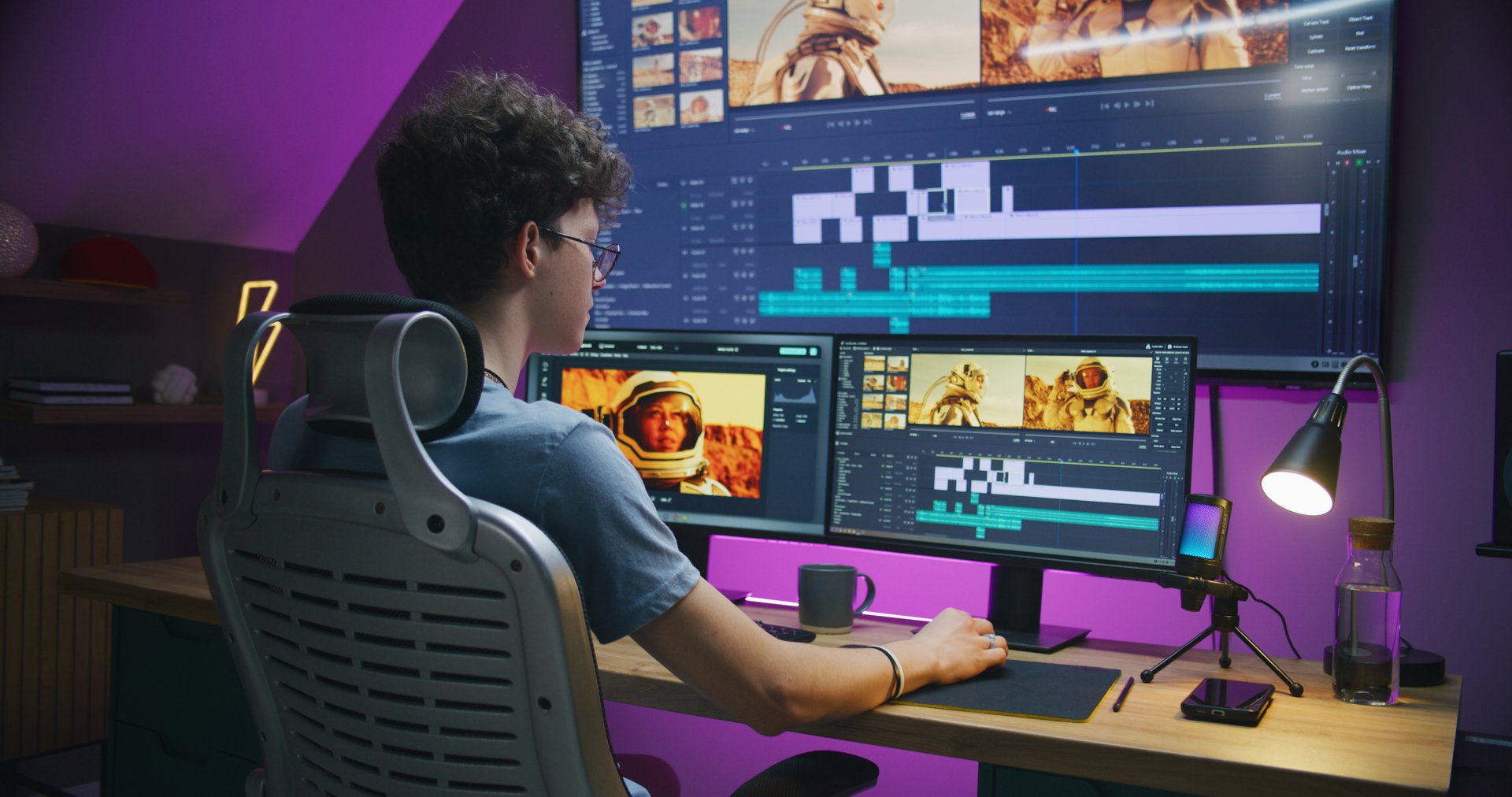 Young editor, video maker edits sound tracks for movie with astronauts, works at home office. Film footage and program interface with tools on computer and big digital screen. Post production concept.