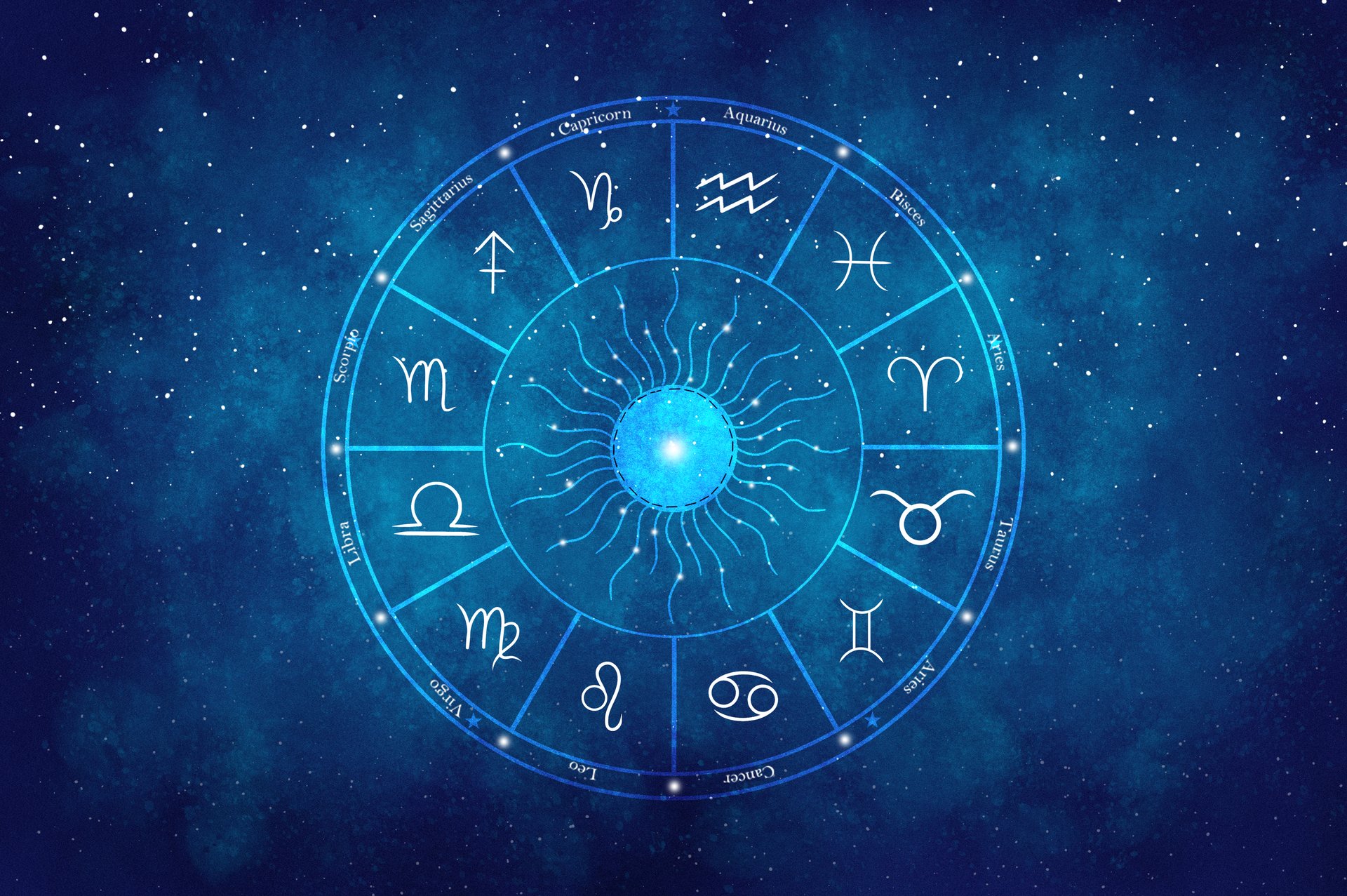 Western astrology circle with 12 zodiac symbols on a beautiful colorful starry space background. Vector illustration.