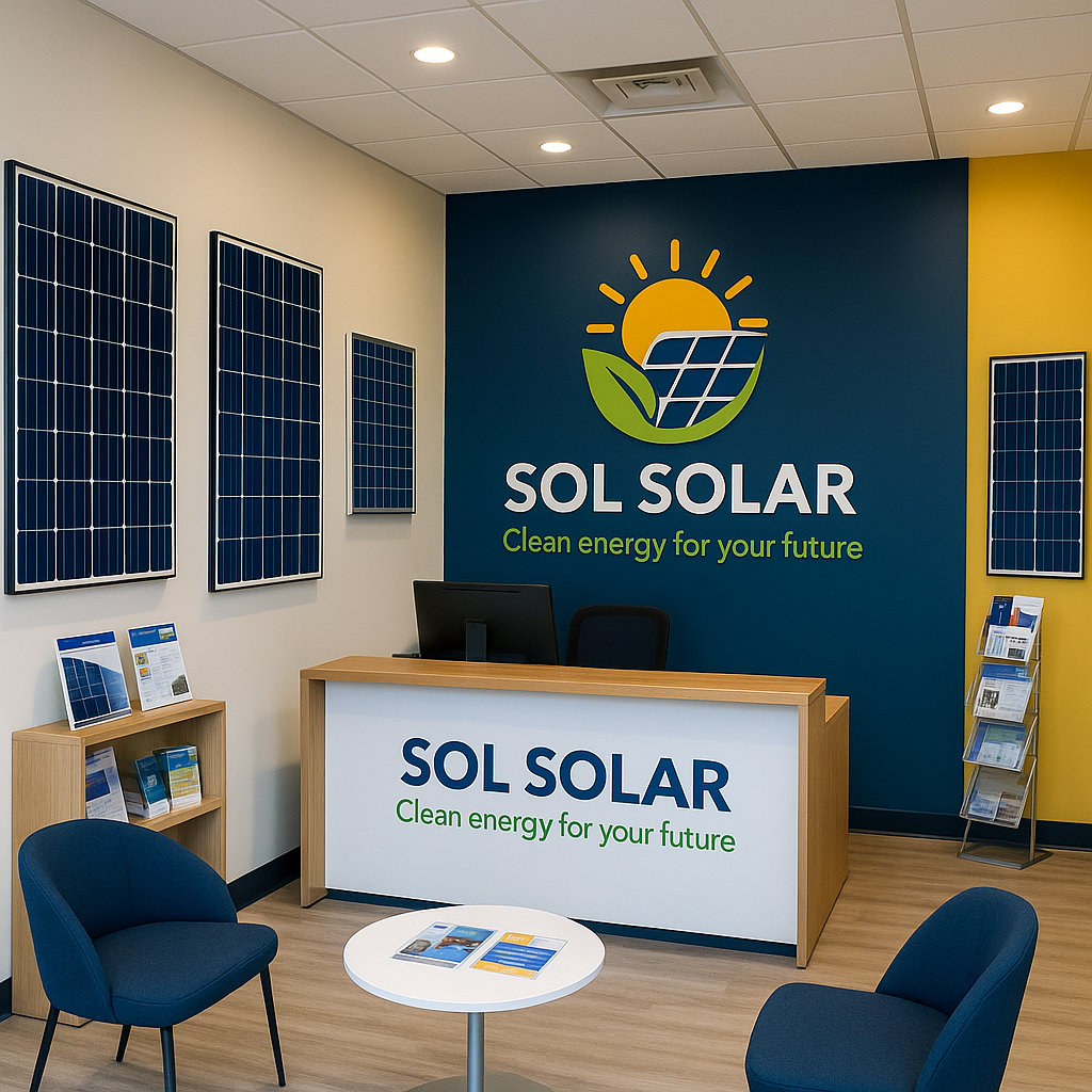 Modern office with Sol Solar logo, solar panels on walls, blue chairs, and informational brochures on a wooden desk.