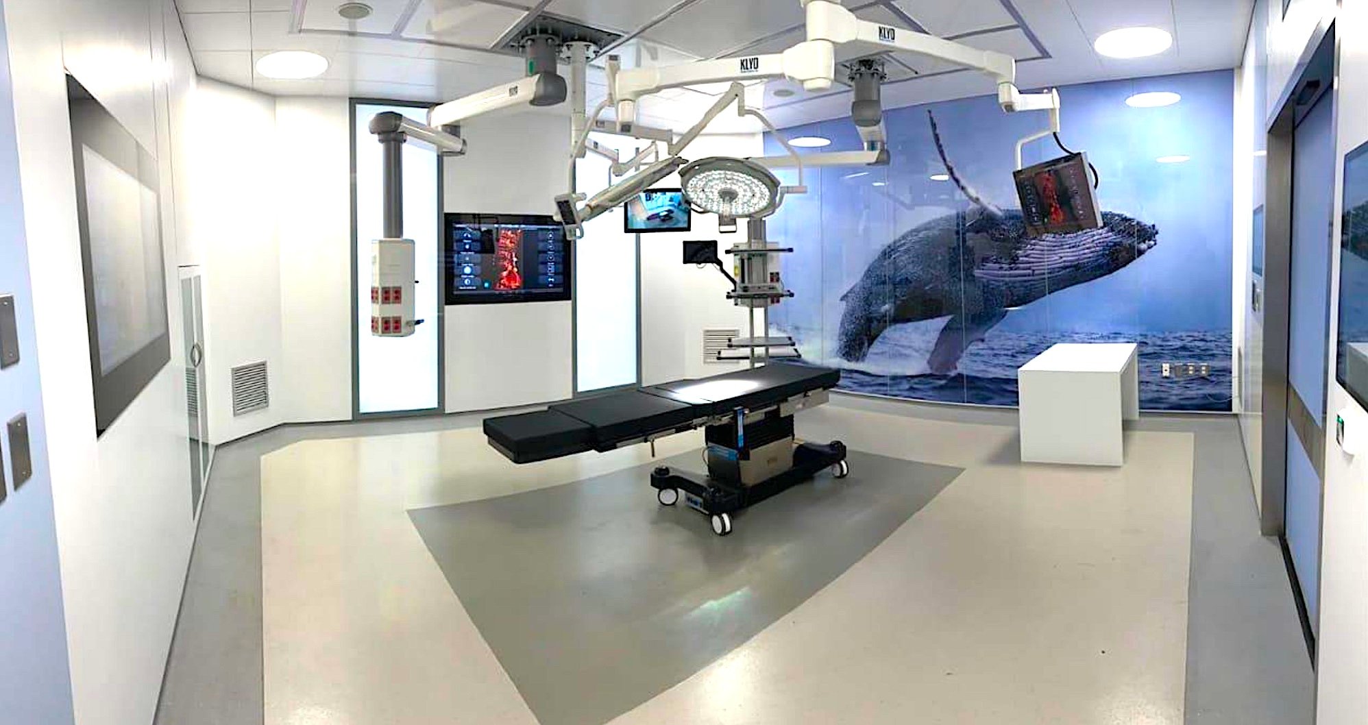 A modern operating room with advanced surgical equipment and a large wall mural of a whale breaching the water.