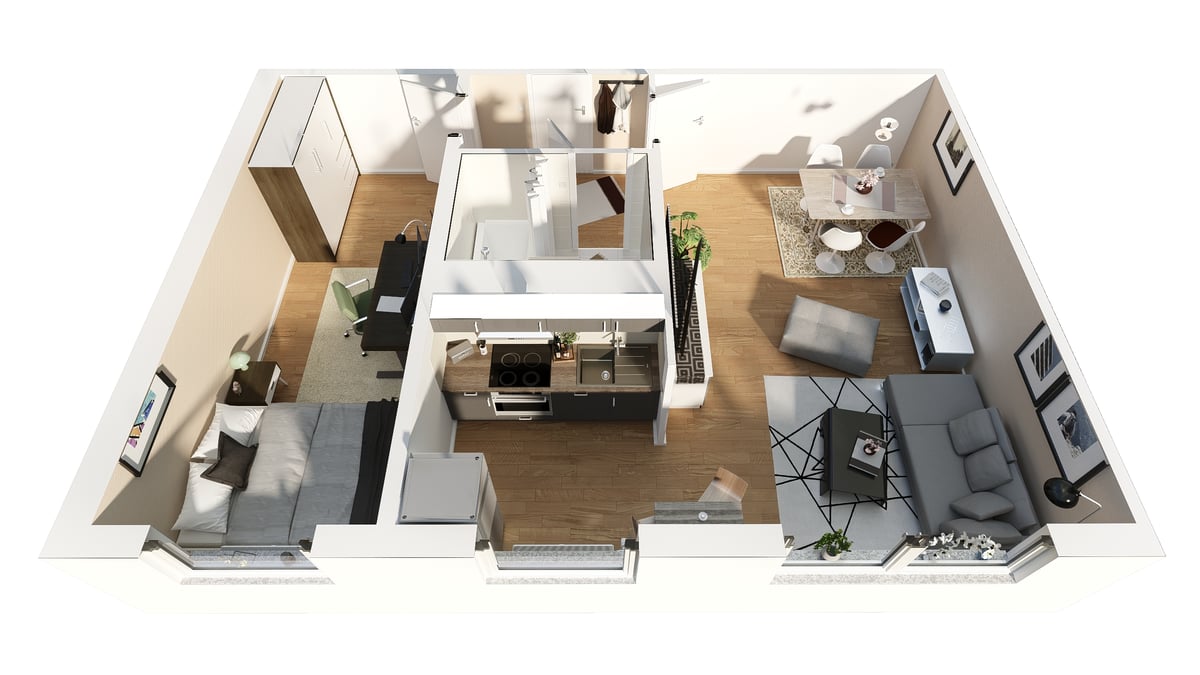 Möblierter 3D-Grundriss einer Wohnung