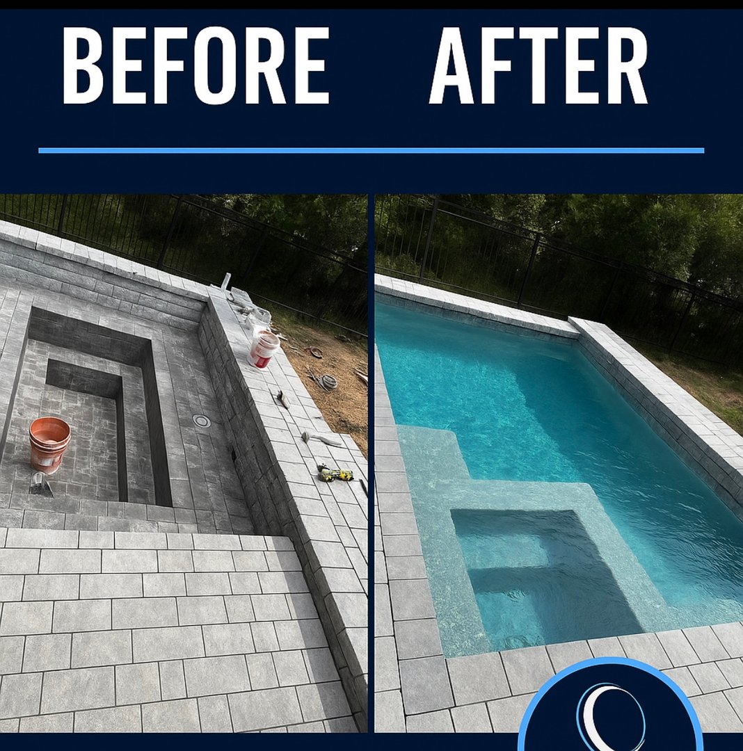 Side-by-side image showing a pool under construction on the left and completed with water filled on the right.