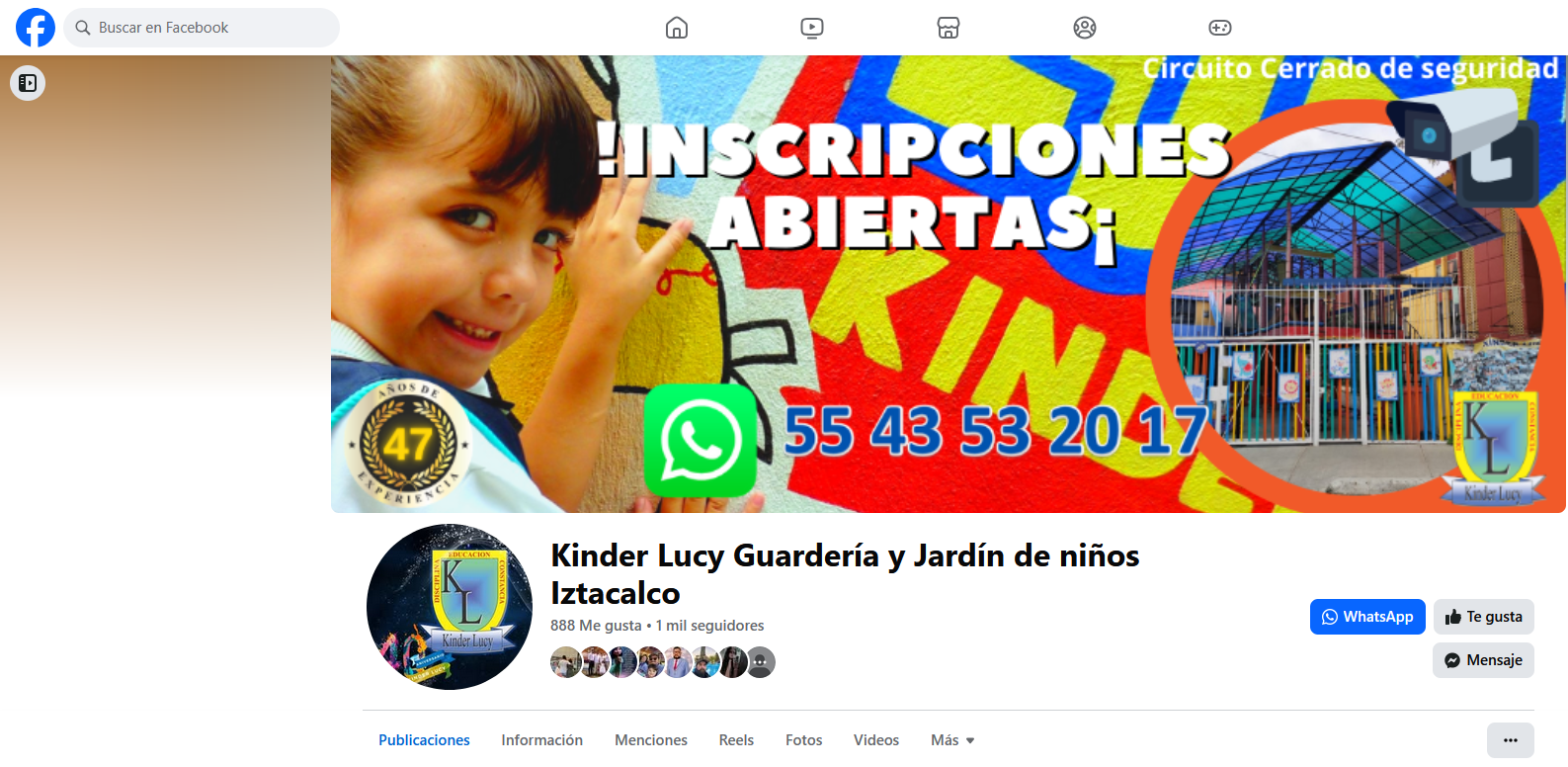 Facebook page for Kinder Lucy, a daycare and kindergarten, featuring contact info and open enrollment announcement.