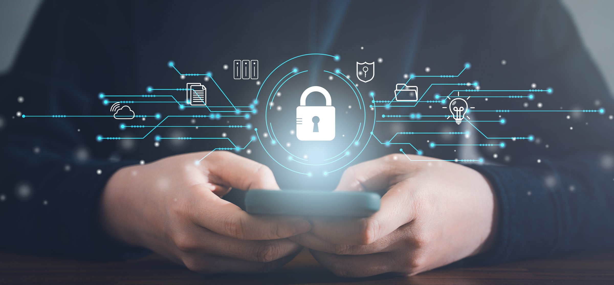 Woman using mobile smart phone technology with data security and internet connection design concept.