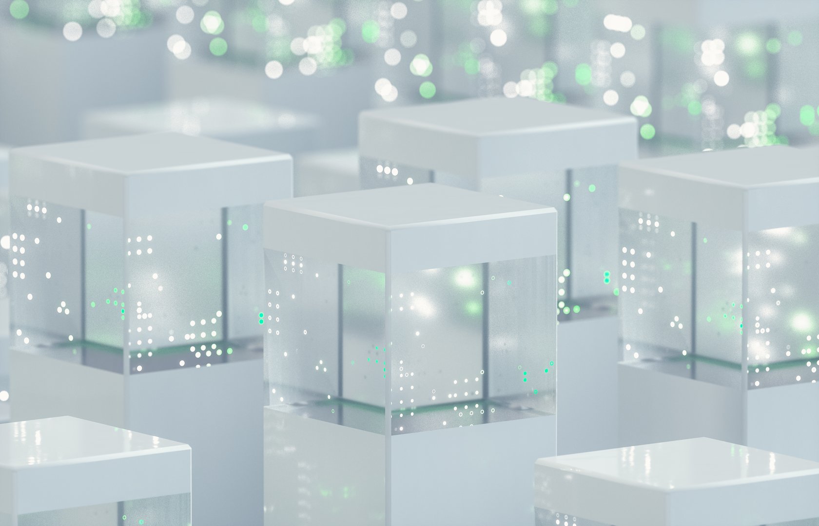 Futuristic Glass Data Cubes in Minimal Abstract Grid. 3d rendering