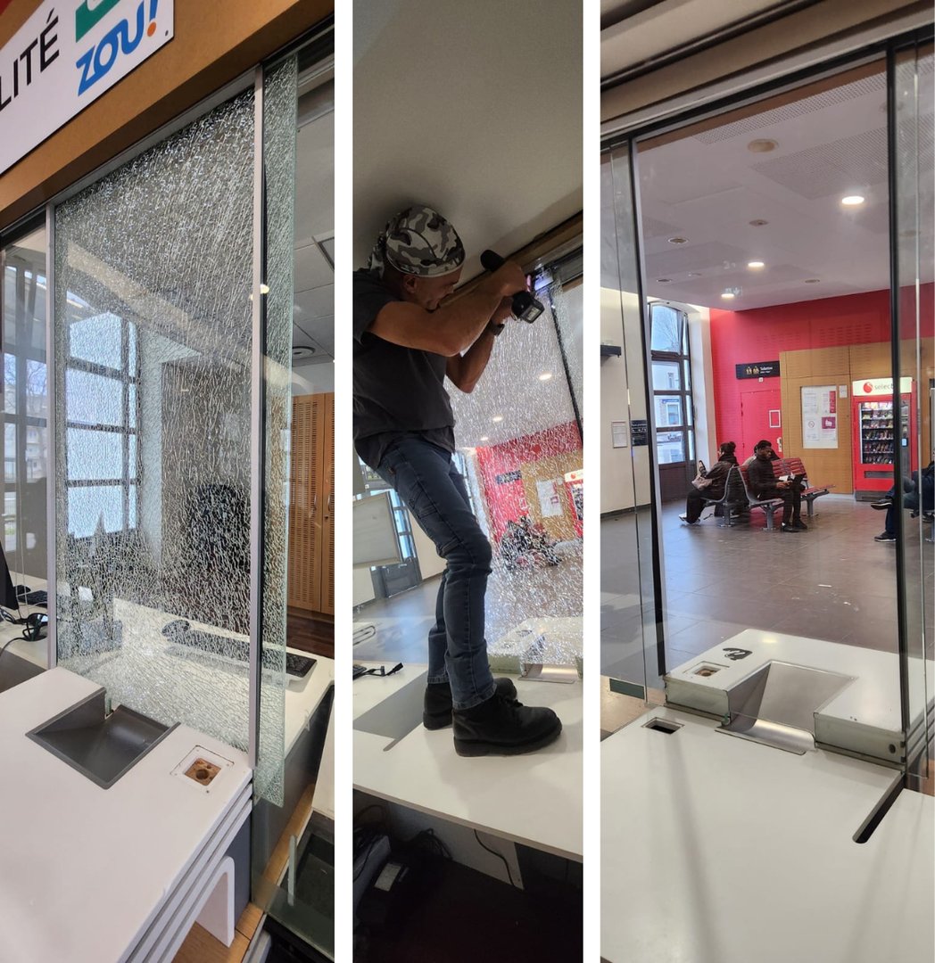 Vitre cassée réparée par AVM Miroiterie