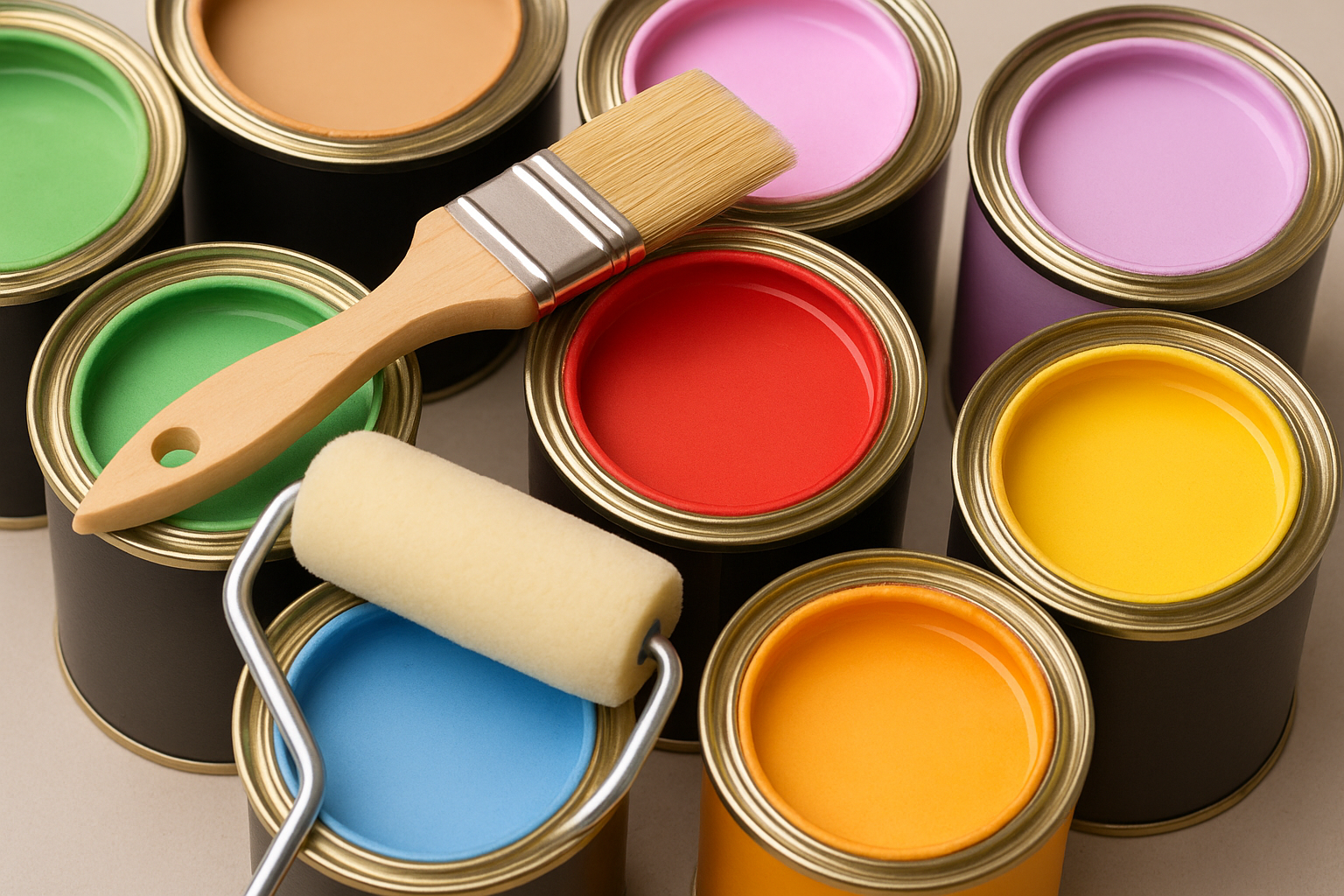 Various paint cans with different colors, including red, green, and yellow, with a paintbrush and roller on top.