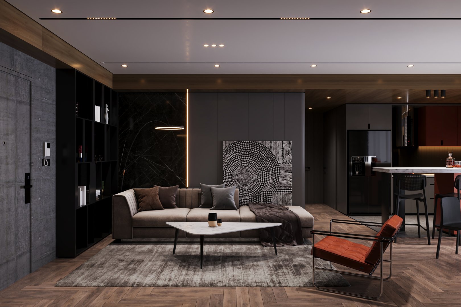 The dark spacious living room at night with contemporary furniture
