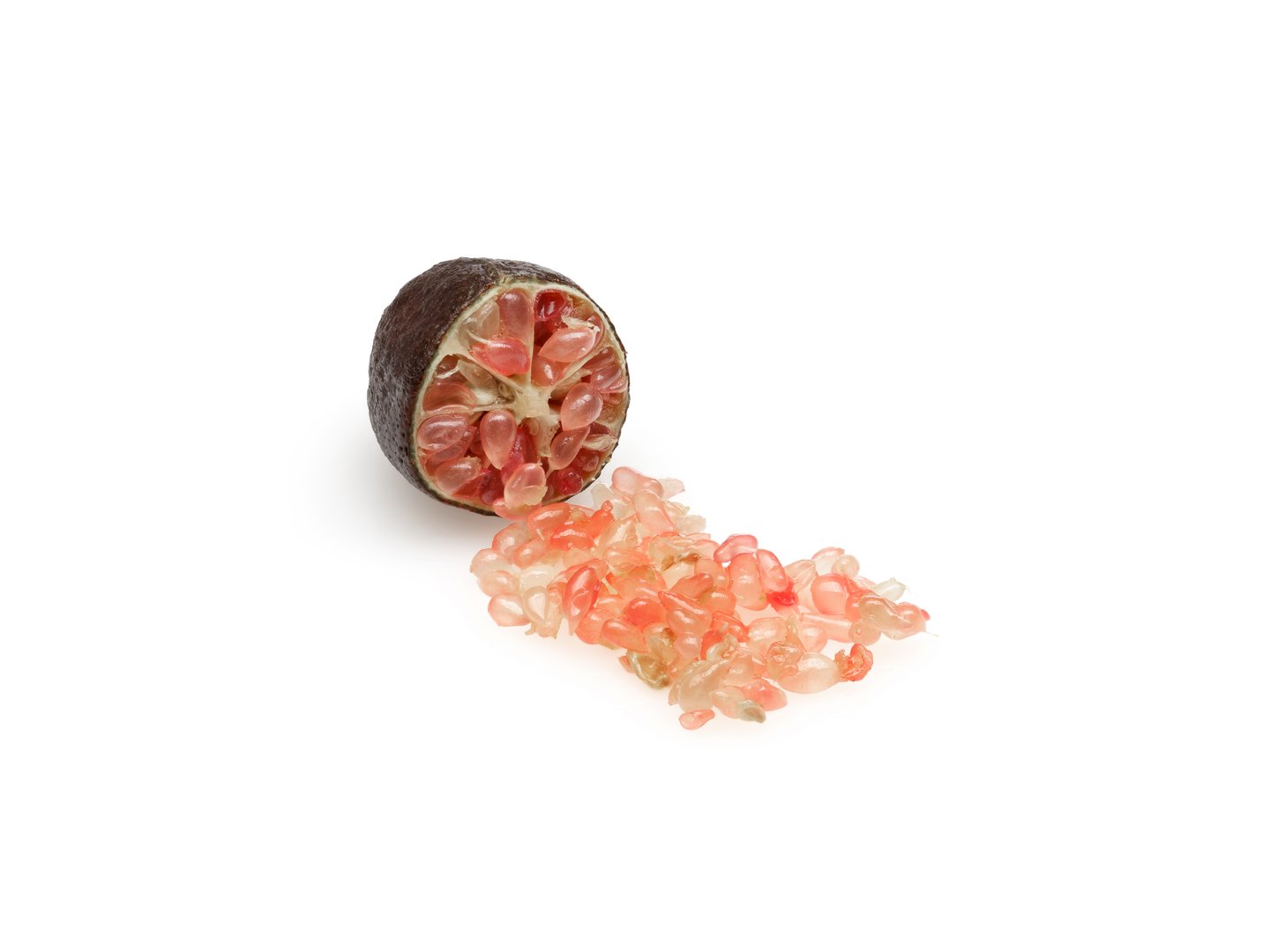 Finger lime on white background with reflections. Rare gourmet citrus coming from Australia.
Scientific name: Citrus Australasica.