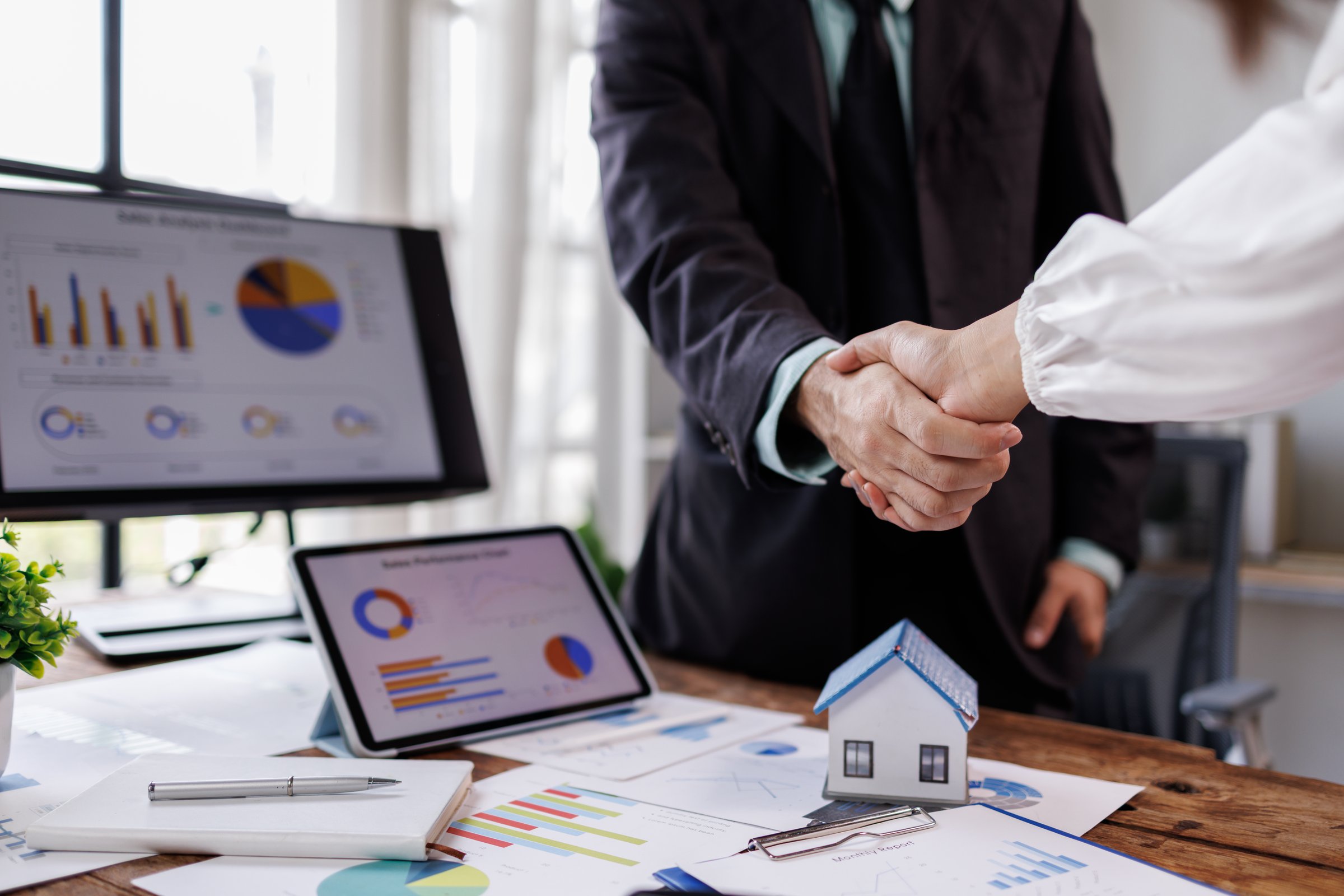 handshake business, Happy businesswoman shaking hand with businessman after interview at office