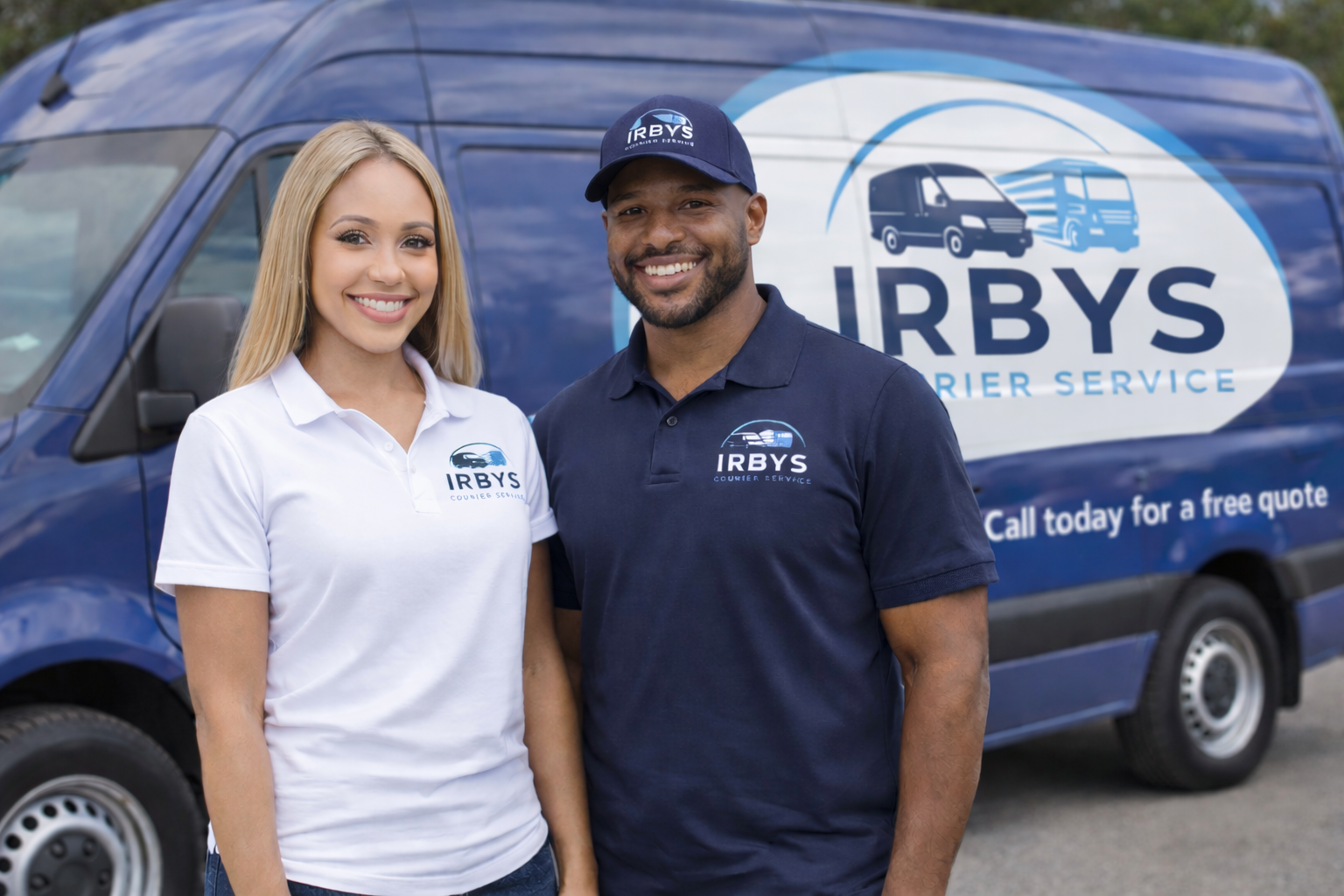 Professional Courier Standing Next to Delivery Van