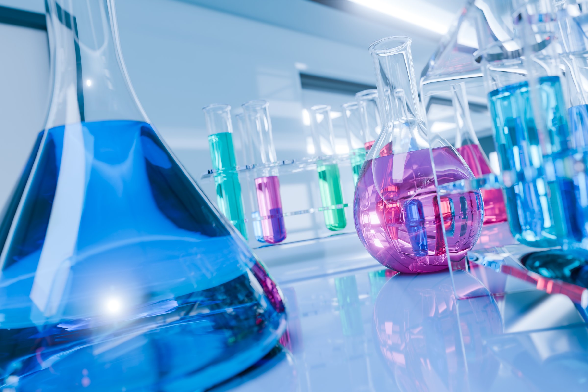 Colorful flask with chemicals in a modern laboratory