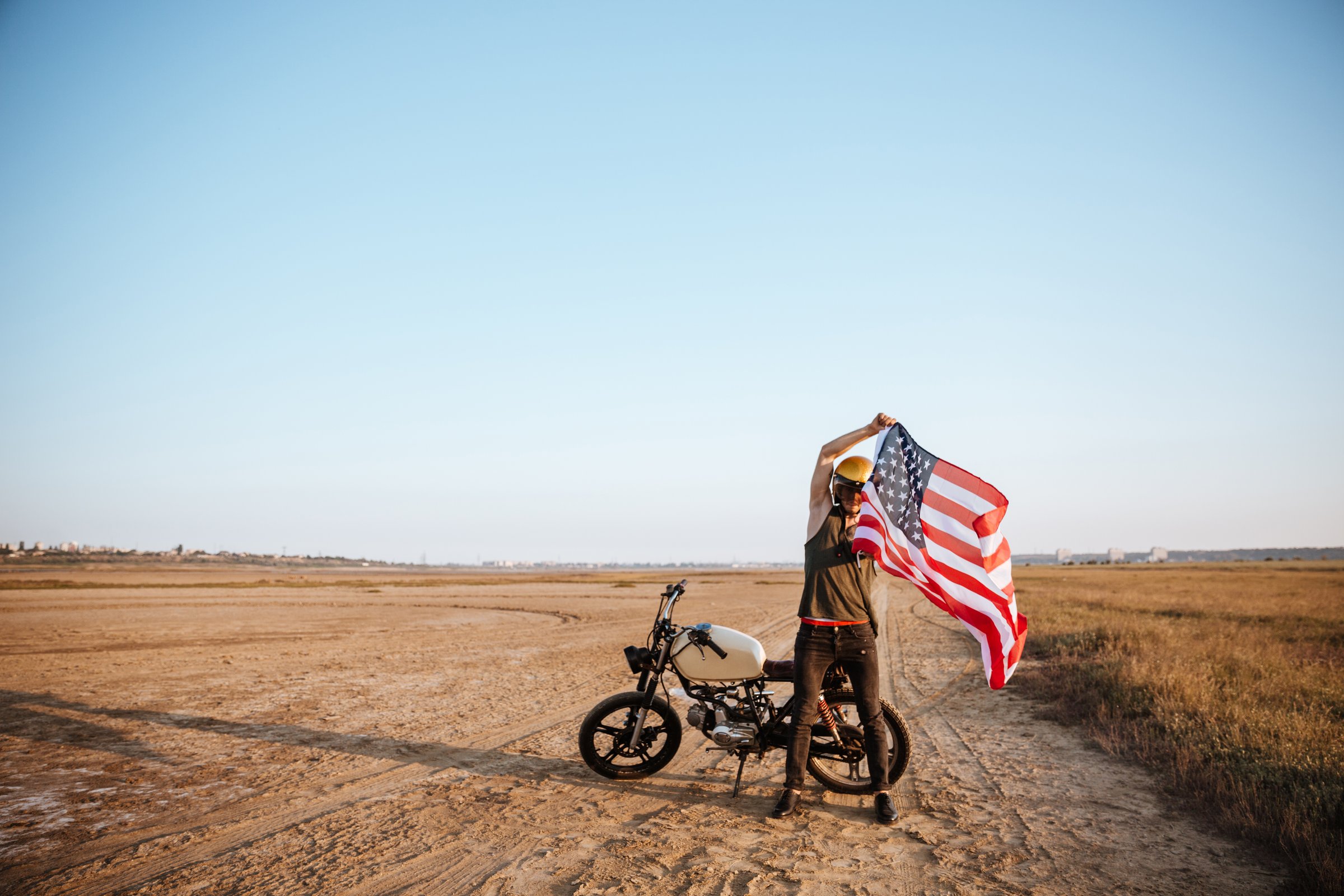 Motorcycle rider with American flag