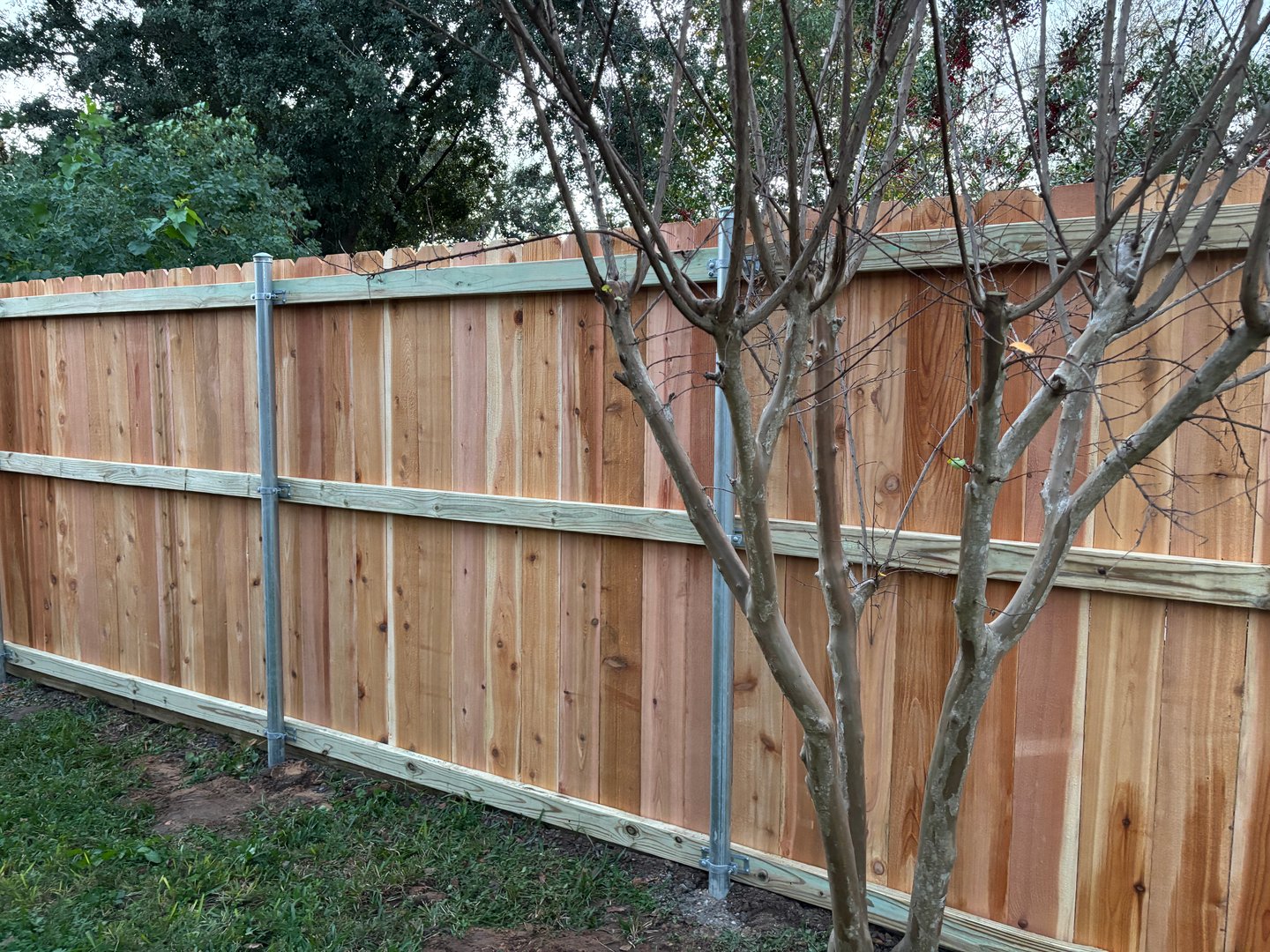 Installation of a new residential cedar fence using metal posts