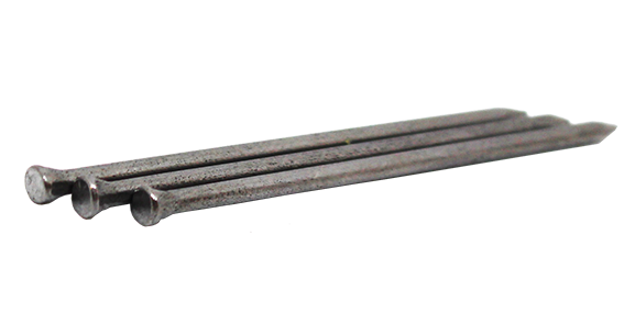 Three steel nails with flat heads and pointed tips lying parallel.